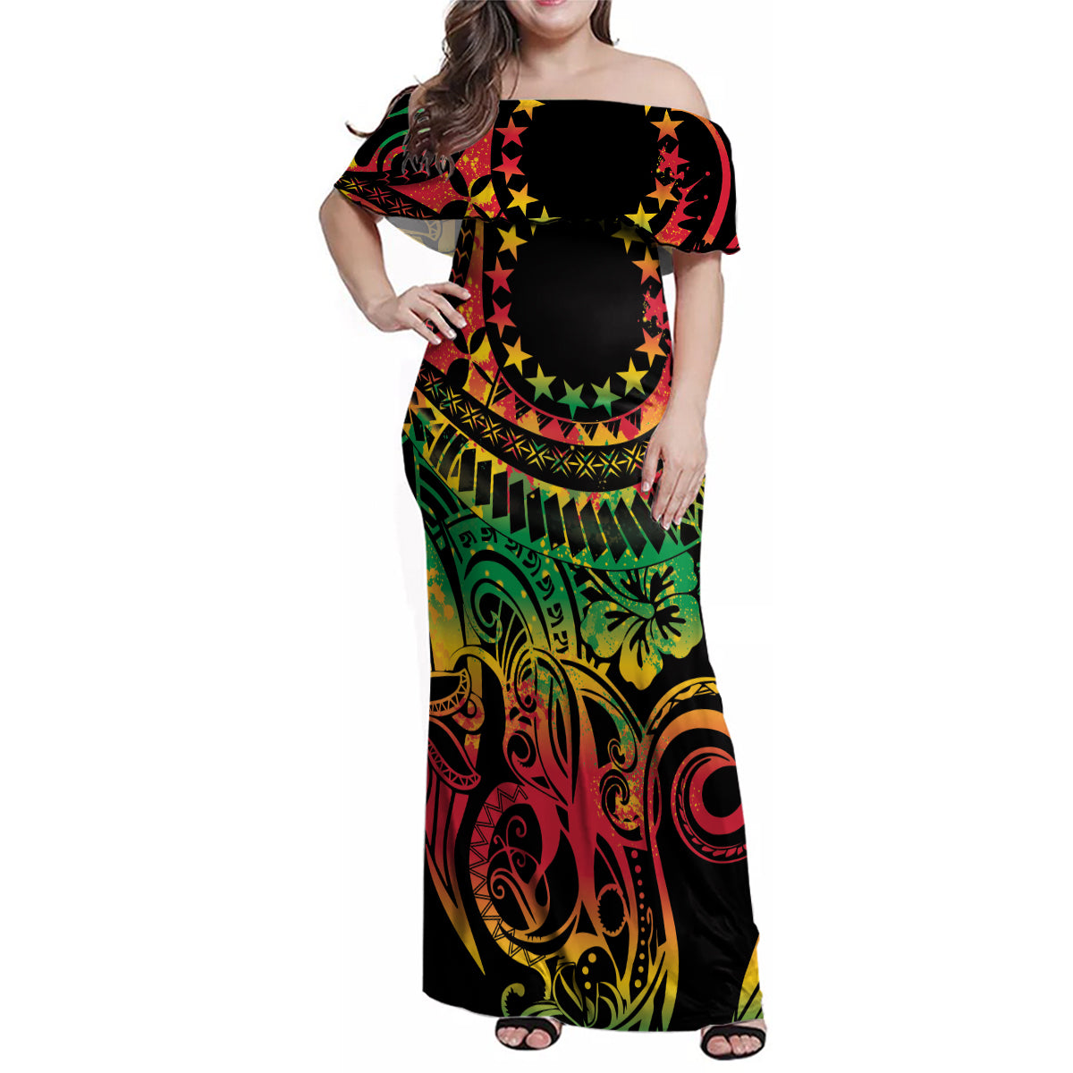Cook Islands 15 Stars Family Matching Off Shoulder Maxi Dress and Hawaiian Shirt Kuki Airani Polynesian Tribal Wave Tattoo LT9 Mom's Dress Reggae - Polynesian Pride