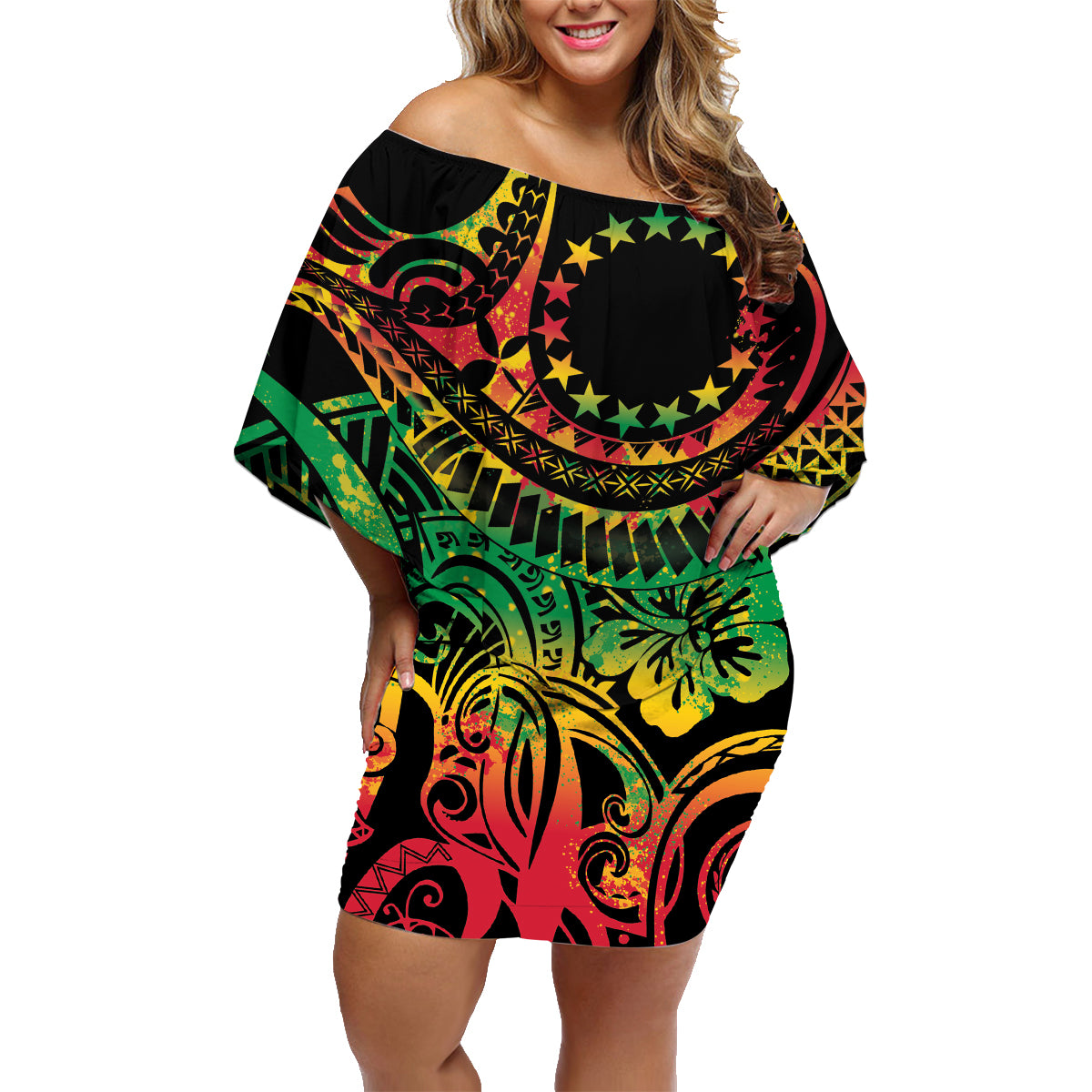 Cook Islands 15 Stars Family Matching Off Shoulder Short Dress and Hawaiian Shirt Kuki Airani Polynesian Tribal Wave Tattoo LT9 Mom's Dress Reggae - Polynesian Pride