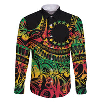 Cook Islands 15 Stars Family Matching Puletasi and Hawaiian Shirt Kuki Airani Polynesian Tribal Wave Tattoo LT9 Dad's Shirt - Long Sleeve Reggae - Polynesian Pride