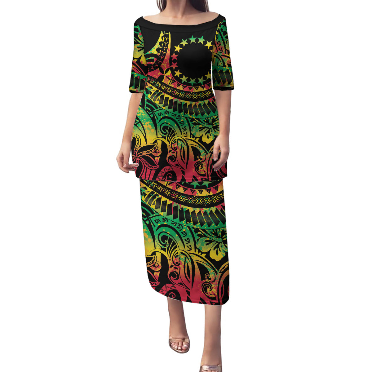 Cook Islands 15 Stars Family Matching Puletasi and Hawaiian Shirt Kuki Airani Polynesian Tribal Wave Tattoo LT9 Mom's Dress Reggae - Polynesian Pride