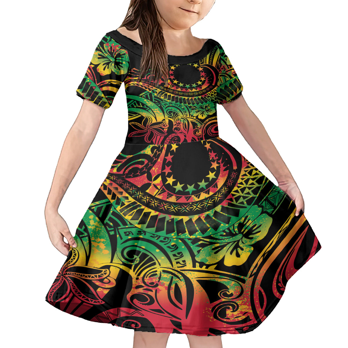 Cook Islands 15 Stars Family Matching Tank Maxi Dress and Hawaiian Shirt Kuki Airani Polynesian Tribal Wave Tattoo LT9 Daughter's Dress Reggae - Polynesian Pride