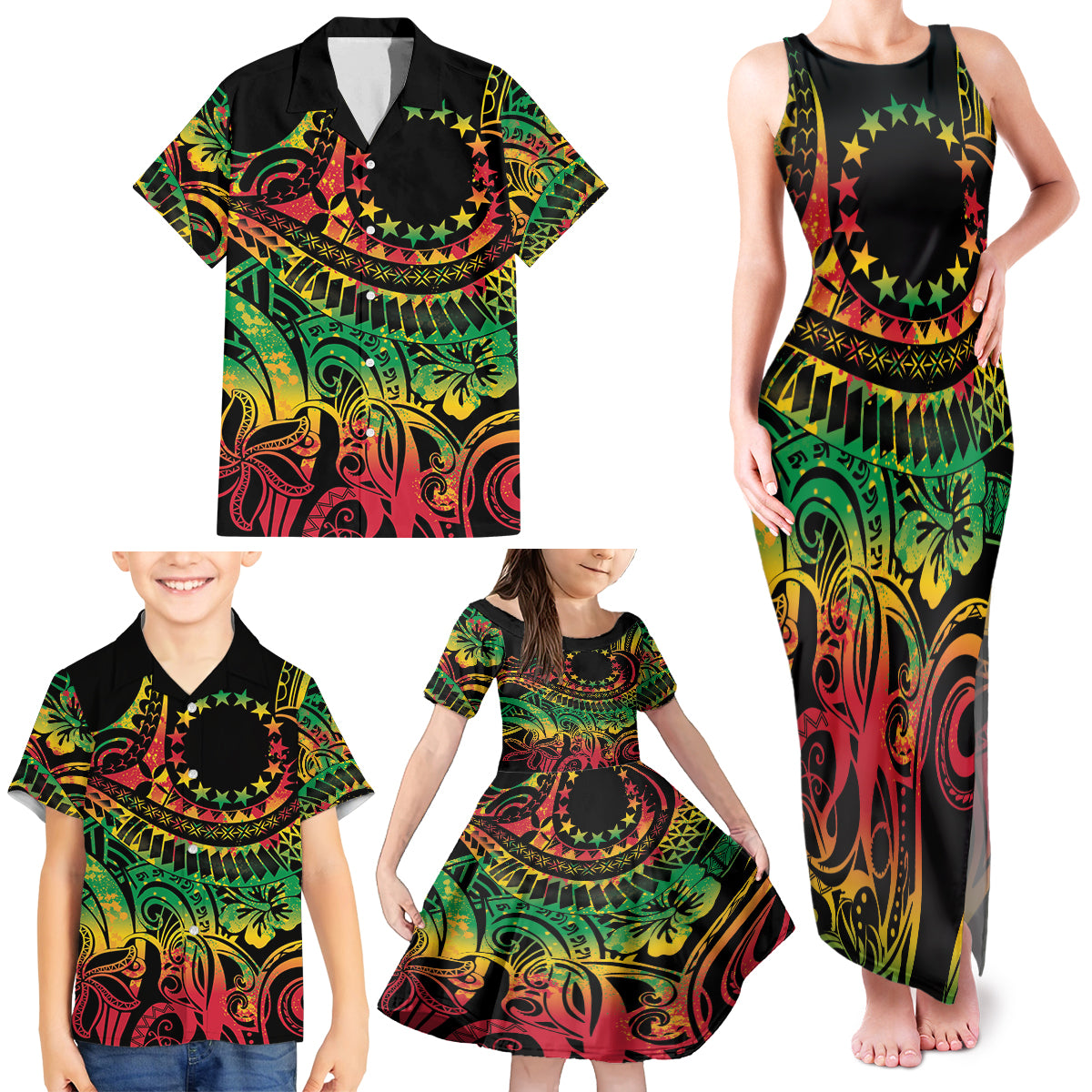 Cook Islands 15 Stars Family Matching Tank Maxi Dress and Hawaiian Shirt Kuki Airani Polynesian Tribal Wave Tattoo LT9 - Polynesian Pride