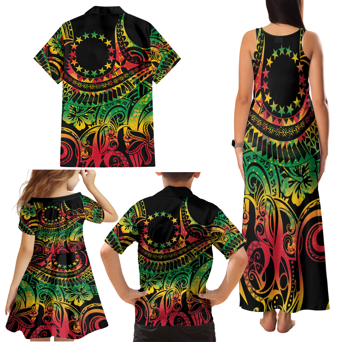 Cook Islands 15 Stars Family Matching Tank Maxi Dress and Hawaiian Shirt Kuki Airani Polynesian Tribal Wave Tattoo LT9 - Polynesian Pride