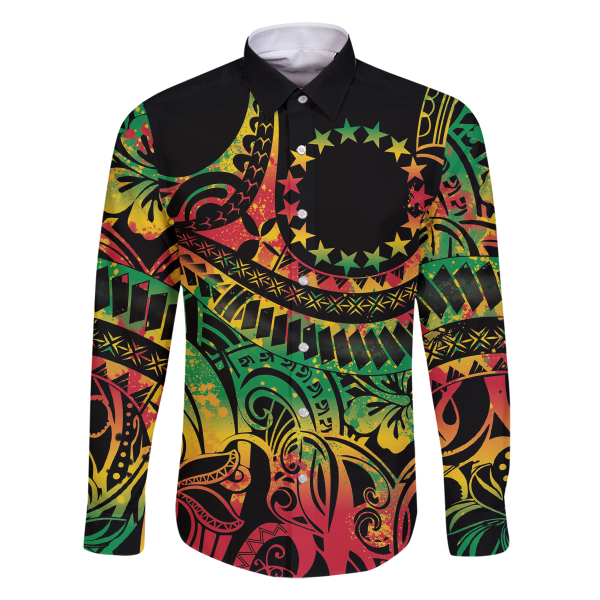 Cook Islands 15 Stars Family Matching Tank Maxi Dress and Hawaiian Shirt Kuki Airani Polynesian Tribal Wave Tattoo LT9 Dad's Shirt - Long Sleeve Reggae - Polynesian Pride