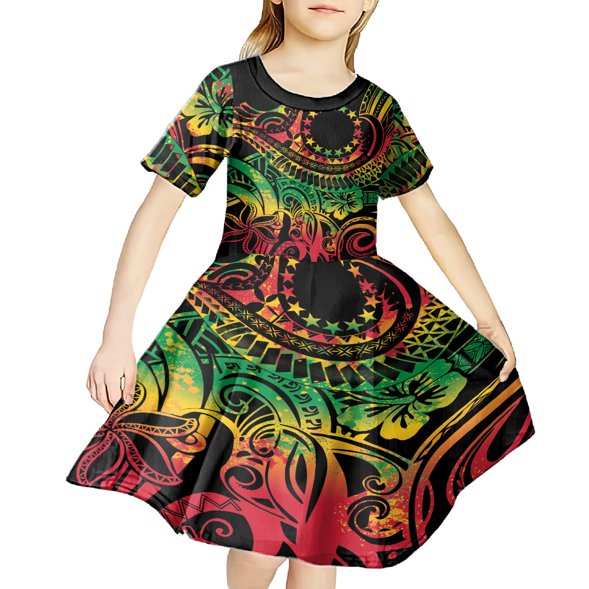 Cook Islands 15 Stars Kid Short Sleeve Dress Kuki Airani Polynesian Tribal Wave Tattoo LT9 - Polynesian Pride