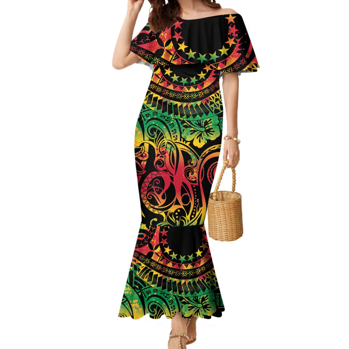 Cook Islands 15 Stars Mermaid Dress Kuki Airani Polynesian Tribal Wave Tattoo LT9 Women Reggae - Polynesian Pride