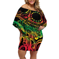Cook Islands 15 Stars Off Shoulder Short Dress Kuki Airani Polynesian Tribal Wave Tattoo LT9 Women Reggae - Polynesian Pride