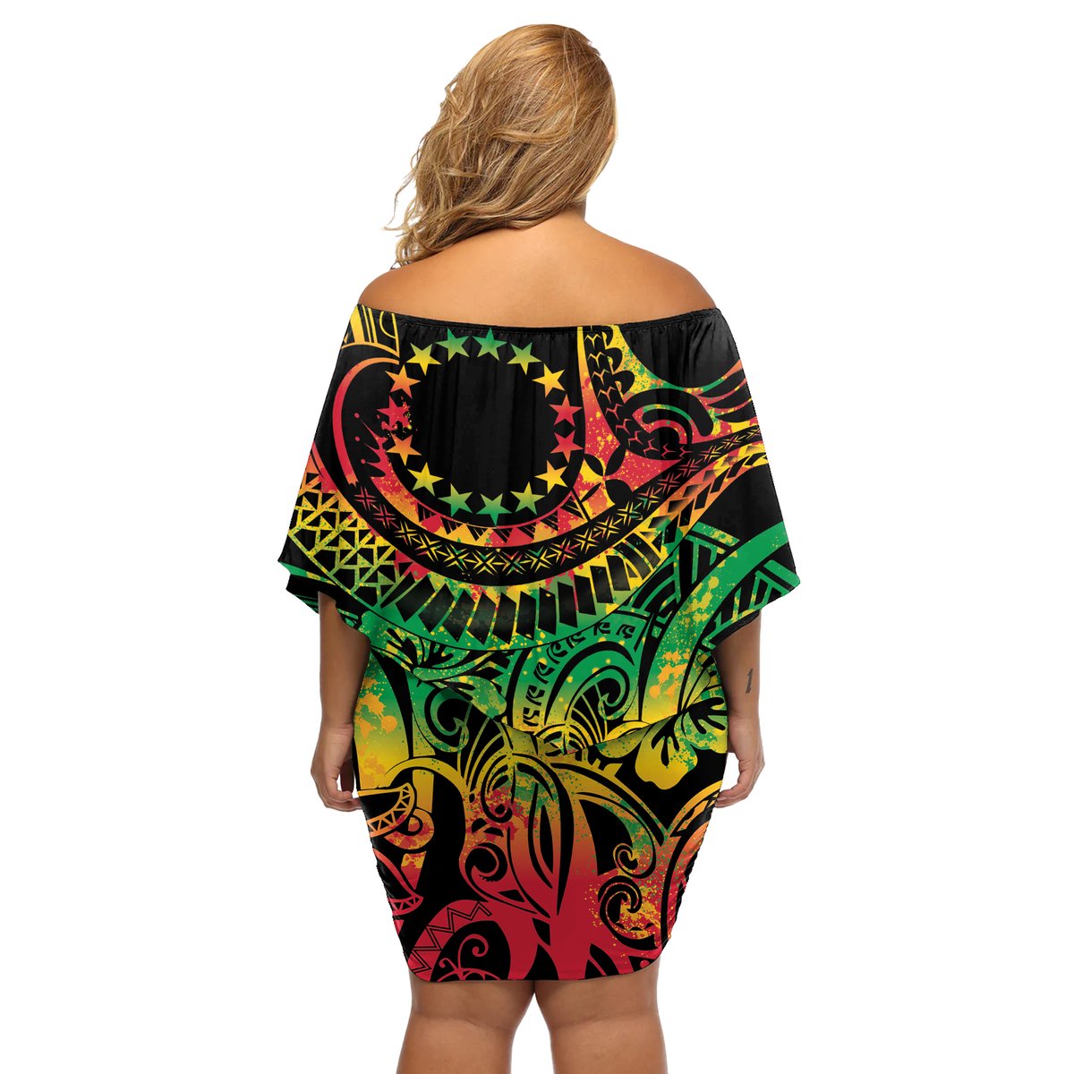 Cook Islands 15 Stars Off Shoulder Short Dress Kuki Airani Polynesian Tribal Wave Tattoo LT9 - Polynesian Pride