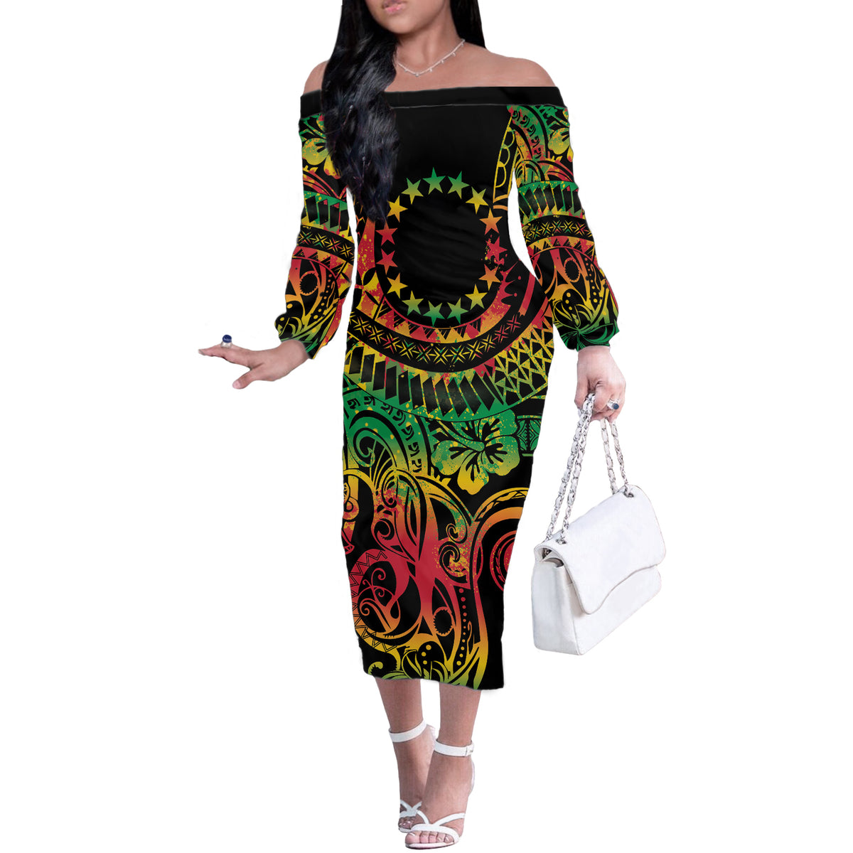 Cook Islands 15 Stars Off The Shoulder Long Sleeve Dress Kuki Airani Polynesian Tribal Wave Tattoo LT9 Women Reggae - Polynesian Pride