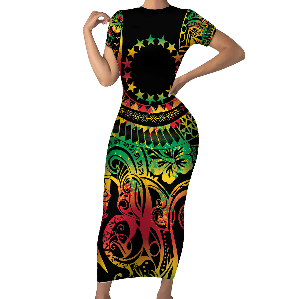 Cook Islands 15 Stars Short Sleeve Bodycon Dress Kuki Airani Polynesian Tribal Wave Tattoo LT9 Long Dress Reggae - Polynesian Pride
