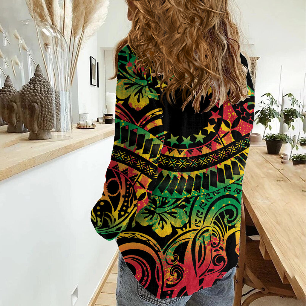 Cook Islands 15 Stars Women Casual Shirt Kuki Airani Polynesian Tribal Wave Tattoo LT9 - Polynesian Pride