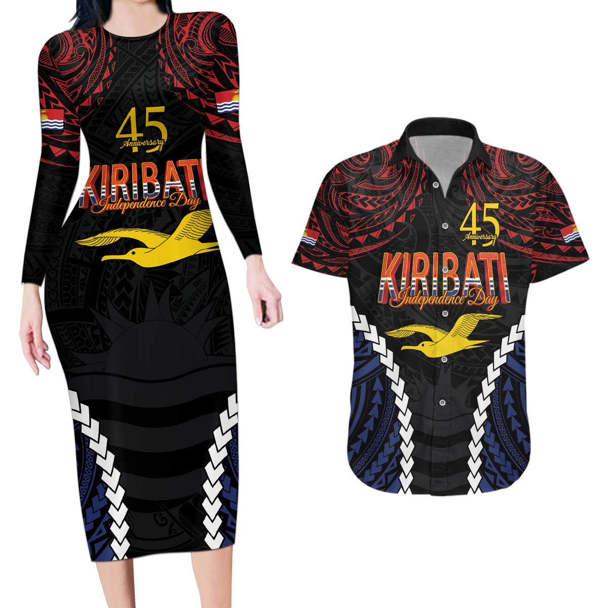 Kiribati 45th Anniversary Independence Day Couples Matching Long Sleeve Bodycon Dress and Hawaiian Shirt Since 1979 LT9 Black - Polynesian Pride