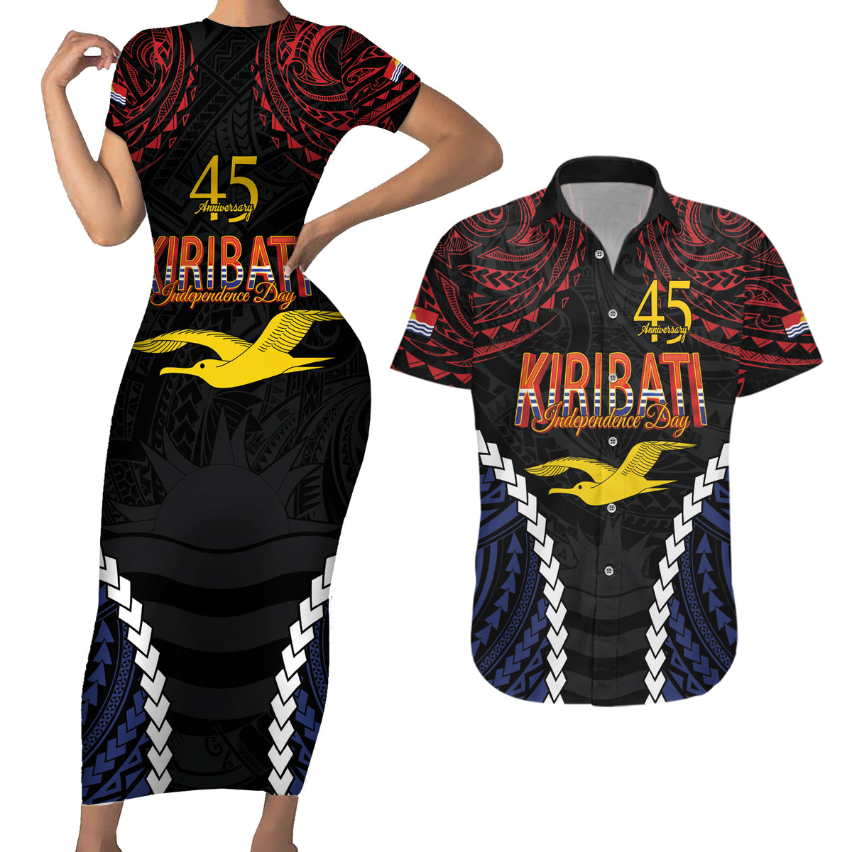 Kiribati 45th Anniversary Independence Day Couples Matching Short Sleeve Bodycon Dress and Hawaiian Shirt Since 1979 LT9 Black - Polynesian Pride