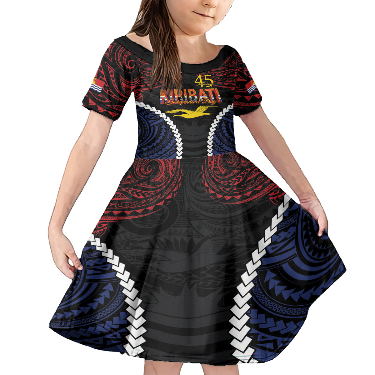 Kiribati 45th Anniversary Independence Day Family Matching Mermaid Dress and Hawaiian Shirt Since 1979 LT9 Daughter's Dress Black - Polynesian Pride