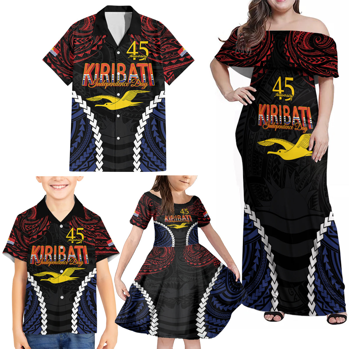 Kiribati 45th Anniversary Independence Day Family Matching Off Shoulder Maxi Dress and Hawaiian Shirt Since 1979 LT9 - Polynesian Pride