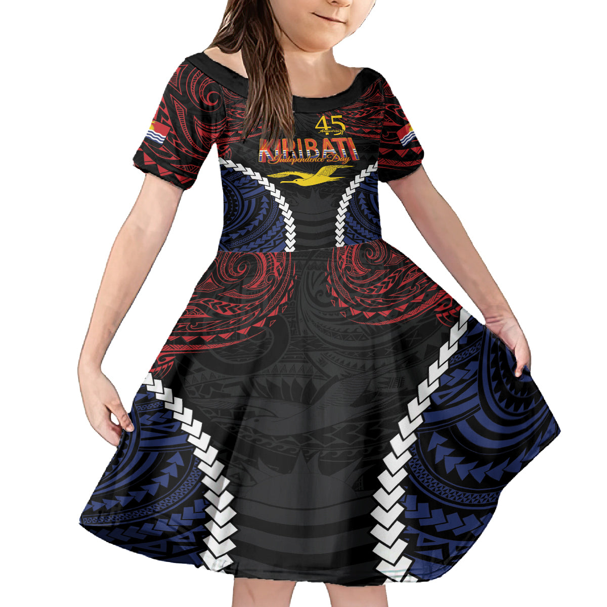 Kiribati 45th Anniversary Independence Day Family Matching Off Shoulder Short Dress and Hawaiian Shirt Since 1979 LT9 Daughter's Dress Black - Polynesian Pride