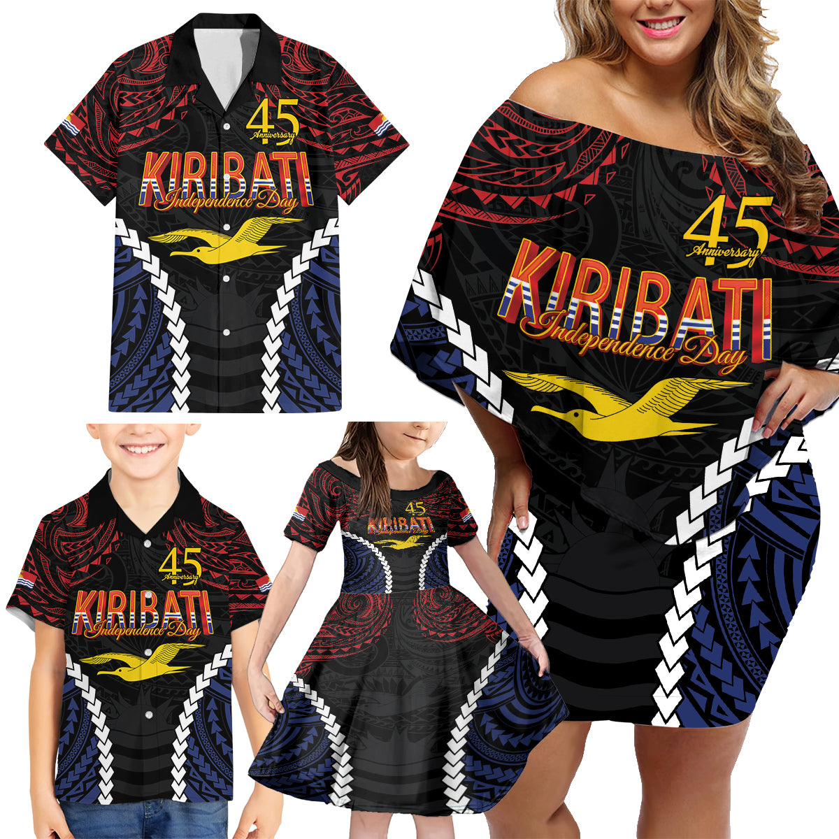 Kiribati 45th Anniversary Independence Day Family Matching Off Shoulder Short Dress and Hawaiian Shirt Since 1979 LT9 - Polynesian Pride