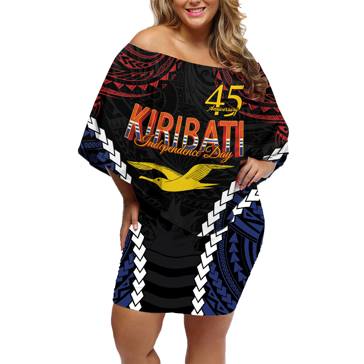 Kiribati 45th Anniversary Independence Day Family Matching Off Shoulder Short Dress and Hawaiian Shirt Since 1979 LT9 Mom's Dress Black - Polynesian Pride