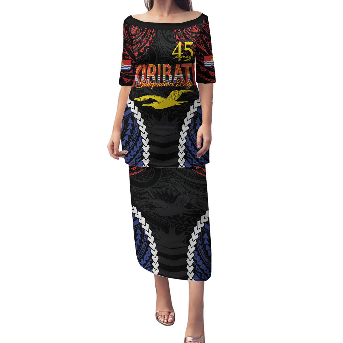 Kiribati 45th Anniversary Independence Day Family Matching Puletasi and Hawaiian Shirt Since 1979 LT9 Mom's Dress Black - Polynesian Pride