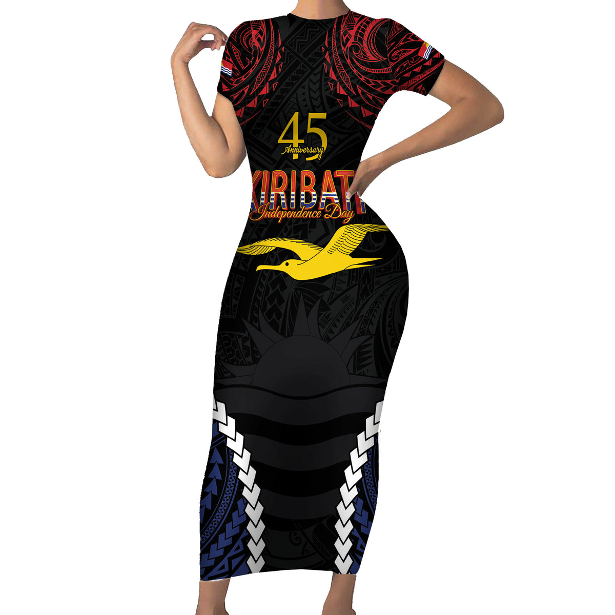 Kiribati 45th Anniversary Independence Day Family Matching Short Sleeve Bodycon Dress and Hawaiian Shirt Since 1979 LT9 Mom's Dress Black - Polynesian Pride