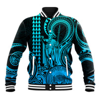 King Kamehameha Day Hawaii Baseball Jacket Paradise of the Pacific Tribal Kakau with Kanaka Maoli - Turquoise LT9 Unisex Aqua - Polynesian Pride