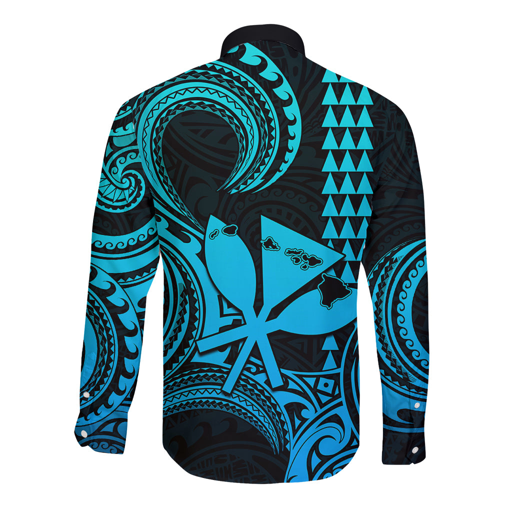 King Kamehameha Day Hawaii Long Sleeve Button Shirt Paradise of the Pacific Tribal Kakau with Kanaka Maoli - Aqua LT9 - Polynesian Pride