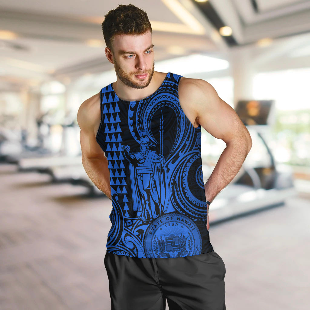 King Kamehameha Day Hawaii Men Tank Top Paradise of the Pacific Tribal Kakau with Kanaka Maoli - Blue LT9 - Polynesian Pride