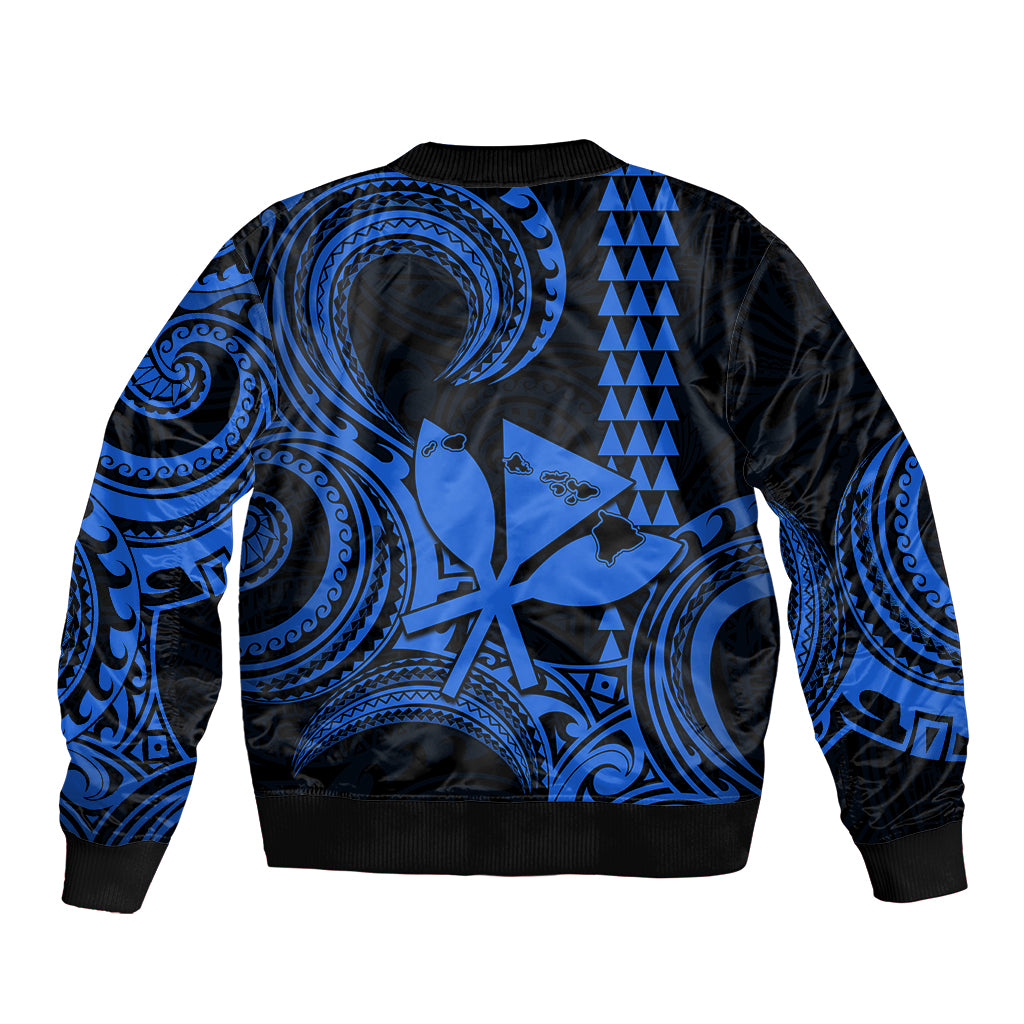 King Kamehameha Day Hawaii Sleeve Zip Bomber Jacket Paradise of the Pacific Tribal Kakau with Kanaka Maoli - Blue LT9 - Polynesian Pride