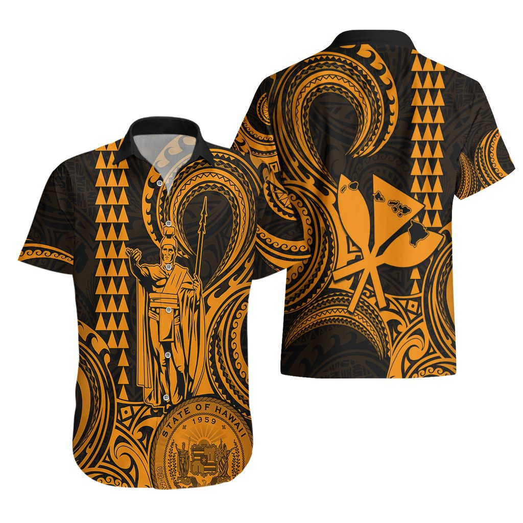 King Kamehameha Day Hawaii Hawaiian Shirt Paradise of the Pacific Tribal Kakau with Kanaka Maoli - Gold LT9 - Polynesian Pride