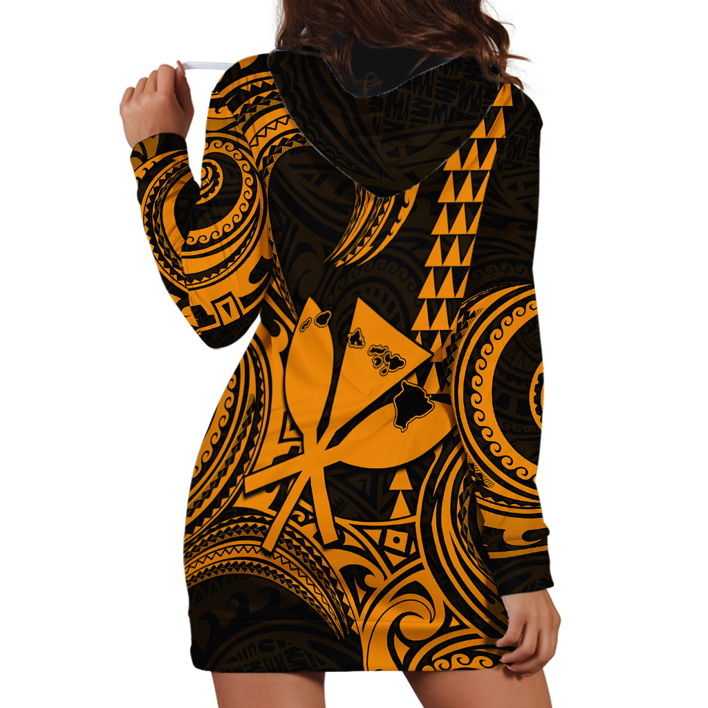 King Kamehameha Day Hawaii Hoodie Dress Paradise of the Pacific Tribal Kakau with Kanaka Maoli - Gold LT9 - Polynesian Pride