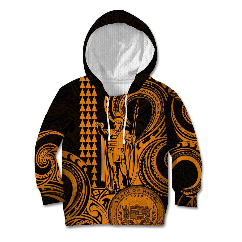 King Kamehameha Day Hawaii Kid Hoodie Paradise of the Pacific Tribal Kakau with Kanaka Maoli - Gold LT9 Gold - Polynesian Pride