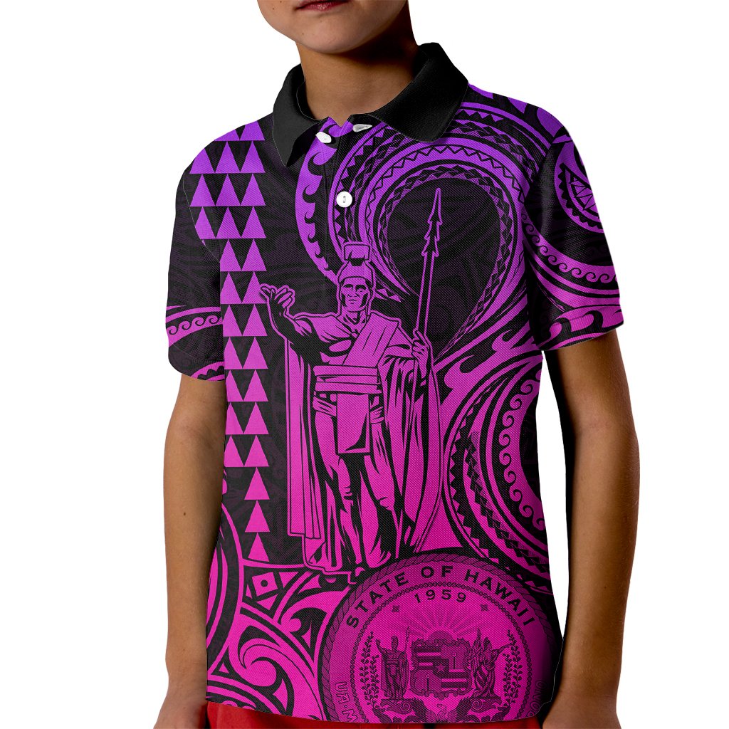 King Kamehameha Day Hawaii Kid Polo Shirt Paradise of the Pacific Tribal Kakau with Kanaka Maoli - Pink Gradient LT9 Kid Pink Gradient - Polynesian Pride