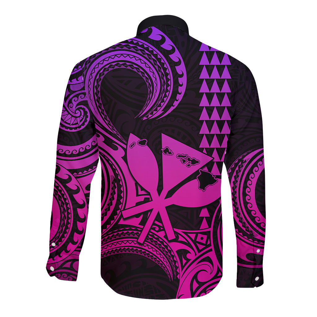 King Kamehameha Day Hawaii Long Sleeve Button Shirt Paradise of the Pacific Tribal Kakau with Kanaka Maoli - Pink Gradient LT9 - Polynesian Pride