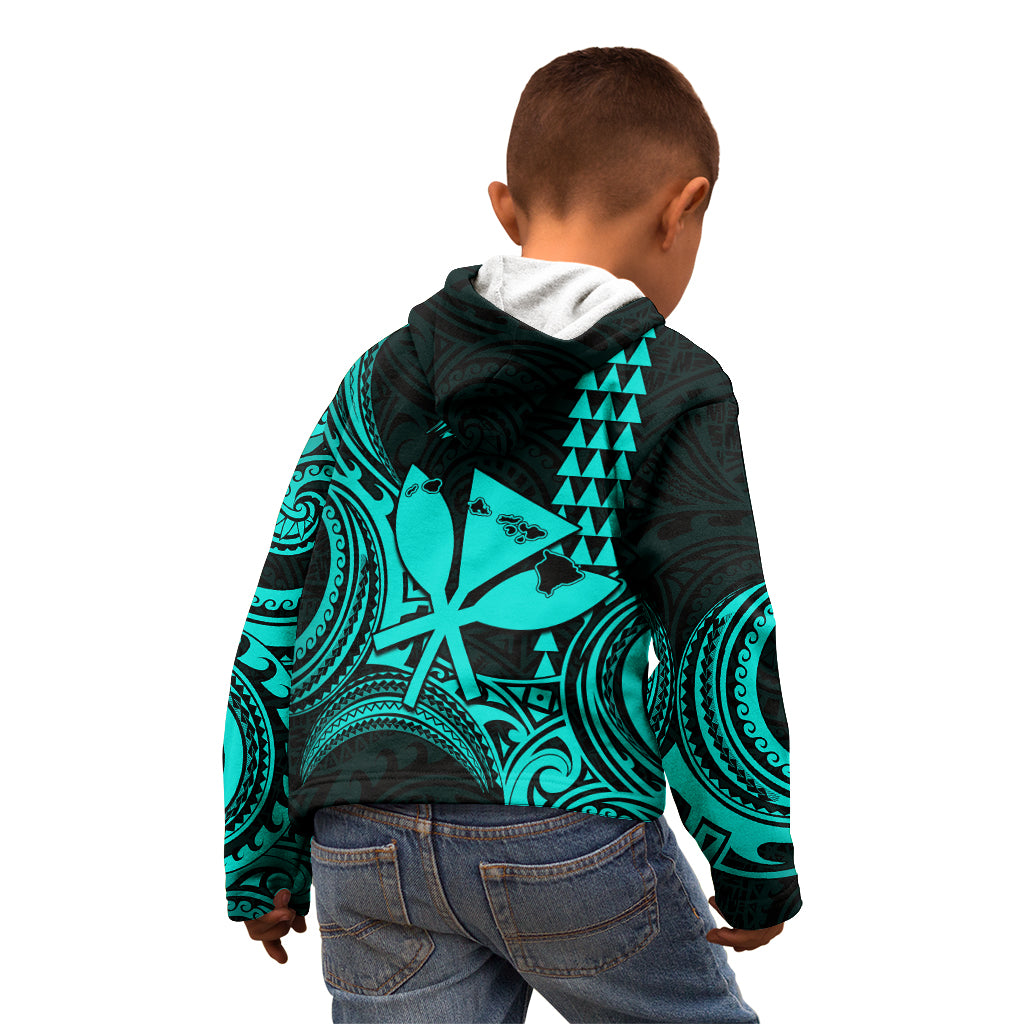 King Kamehameha Day Hawaii Kid Hoodie Paradise of the Pacific Tribal Kakau with Kanaka Maoli - Turquoise LT9 - Polynesian Pride