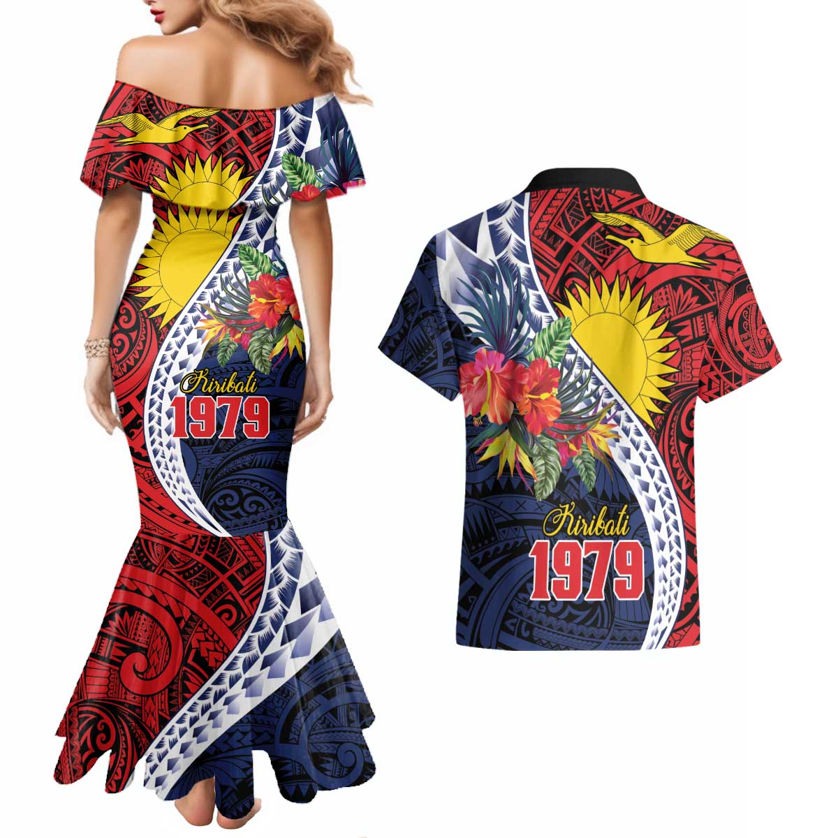 Flag of Kiribati Polynesian Pattern Couples Matching Mermaid Dress and Hawaiian Shirt Est 1979 With Tropical Flowers LT9 - Polynesian Pride