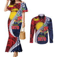 Flag of Kiribati Polynesian Pattern Couples Matching Mermaid Dress and Long Sleeve Button Shirt Est 1979 With Tropical Flowers LT9 Red - Polynesian Pride