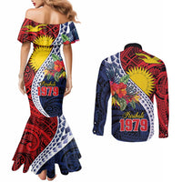 Flag of Kiribati Polynesian Pattern Couples Matching Mermaid Dress and Long Sleeve Button Shirt Est 1979 With Tropical Flowers LT9 - Polynesian Pride
