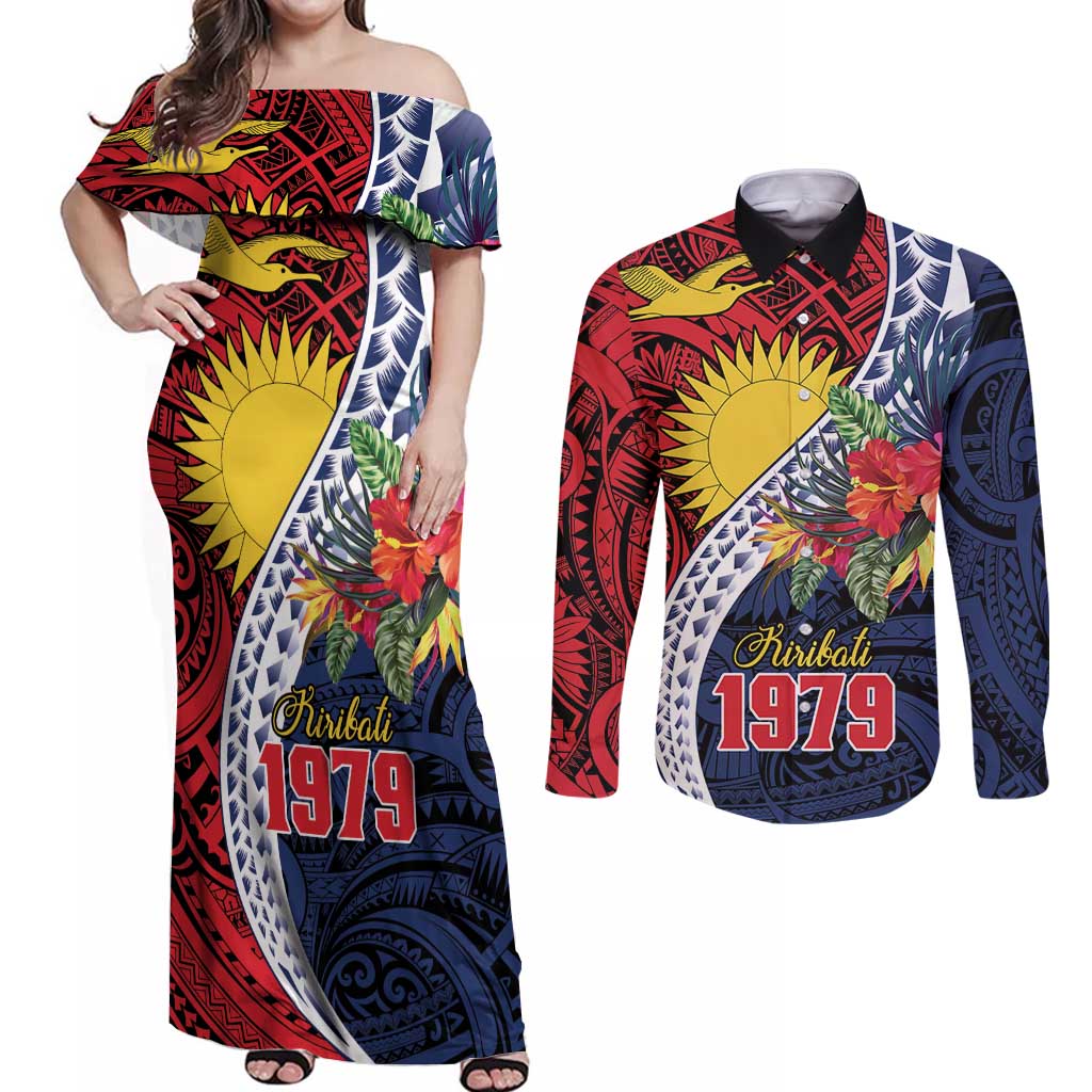 Flag of Kiribati Polynesian Pattern Couples Matching Off Shoulder Maxi Dress and Long Sleeve Button Shirt Est 1979 With Tropical Flowers LT9 Red - Polynesian Pride