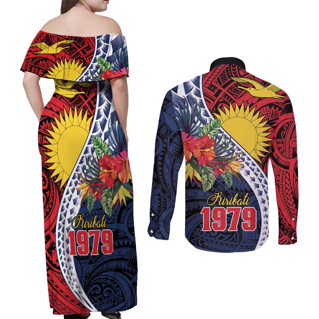 Flag of Kiribati Polynesian Pattern Couples Matching Off Shoulder Maxi Dress and Long Sleeve Button Shirt Est 1979 With Tropical Flowers LT9 - Polynesian Pride
