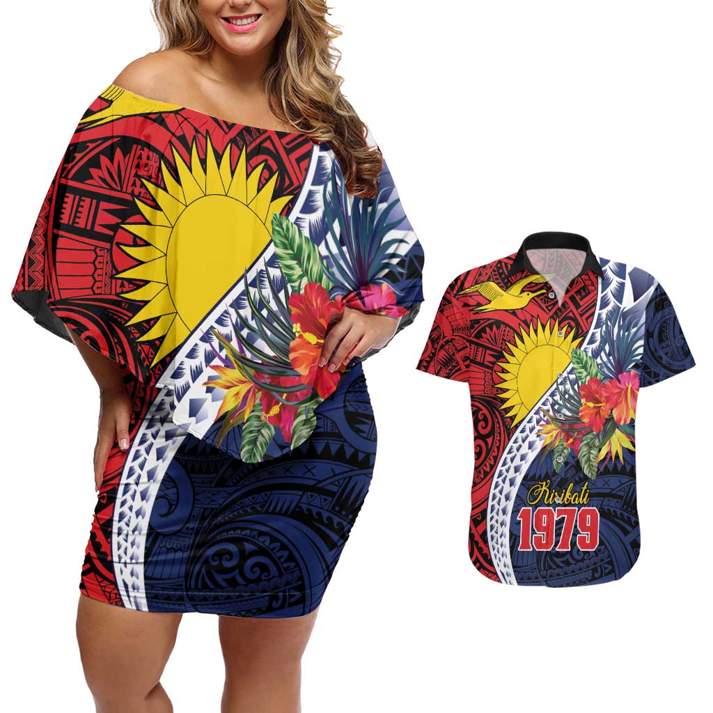 Flag of Kiribati Polynesian Pattern Couples Matching Off Shoulder Short Dress and Hawaiian Shirt Est 1979 With Tropical Flowers LT9 Red - Polynesian Pride