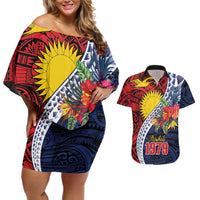Flag of Kiribati Polynesian Pattern Couples Matching Off Shoulder Short Dress and Hawaiian Shirt Est 1979 With Tropical Flowers LT9 Red - Polynesian Pride