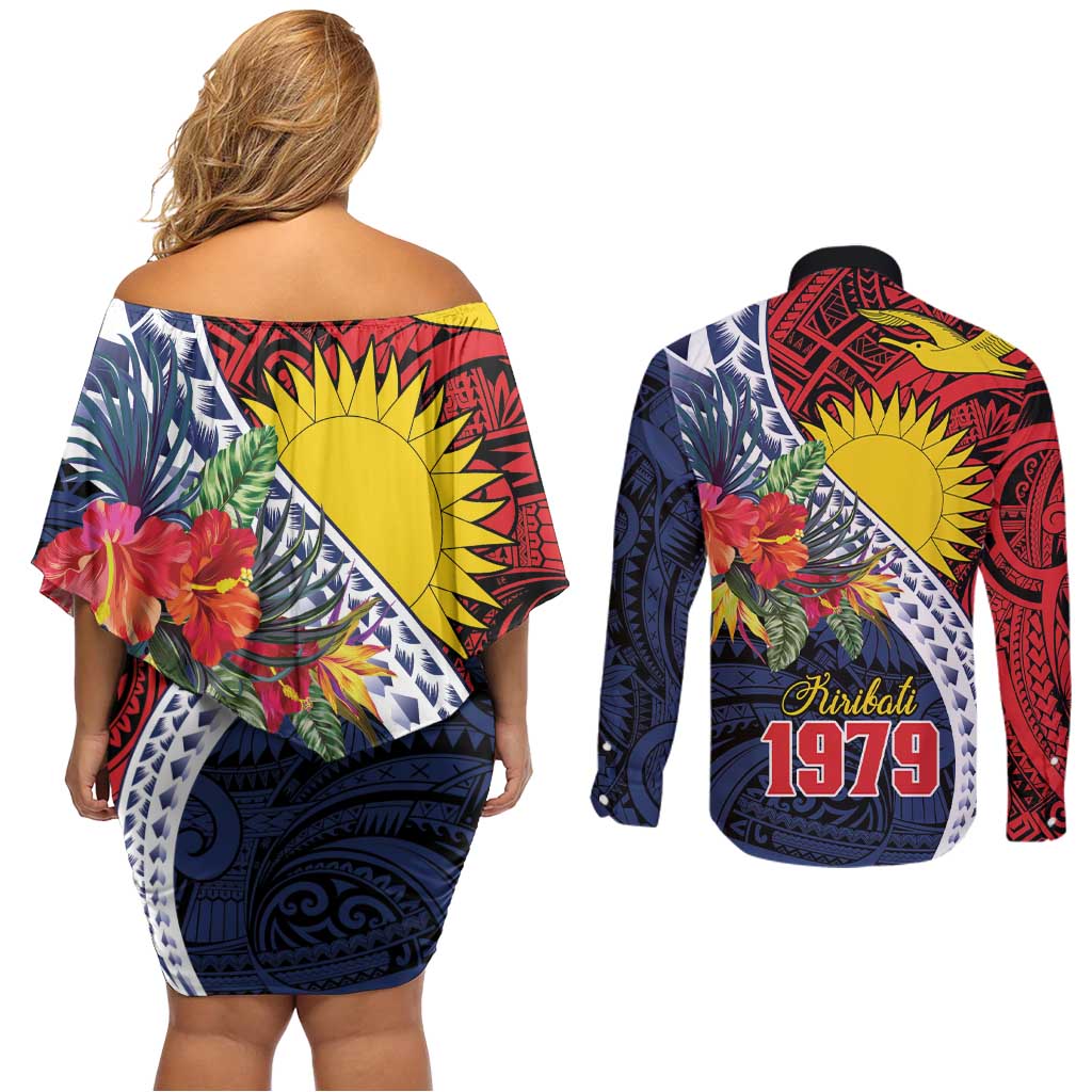 Flag of Kiribati Polynesian Pattern Couples Matching Off Shoulder Short Dress and Long Sleeve Button Shirt Est 1979 With Tropical Flowers LT9 - Polynesian Pride