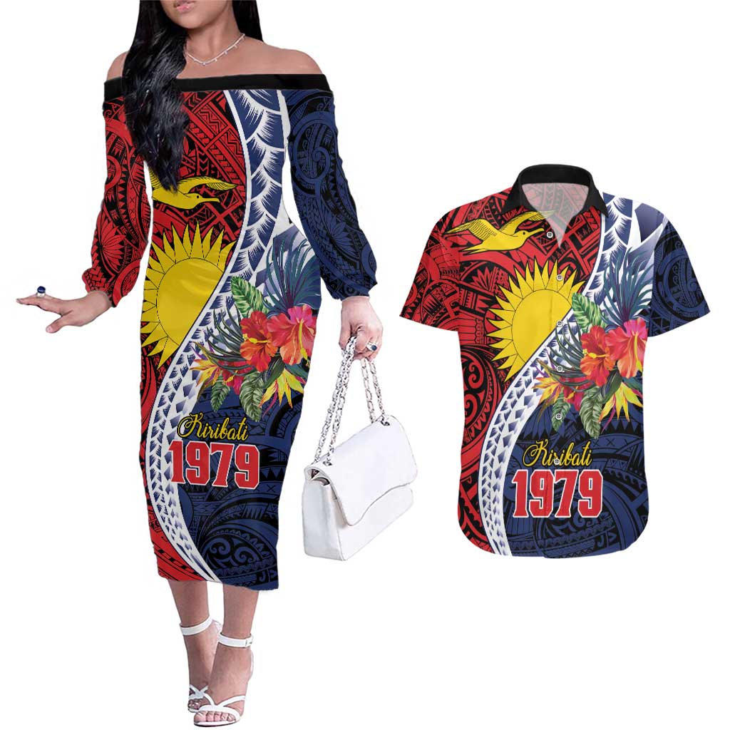 Flag of Kiribati Polynesian Pattern Couples Matching Off The Shoulder Long Sleeve Dress and Hawaiian Shirt Est 1979 With Tropical Flowers LT9 Red - Polynesian Pride