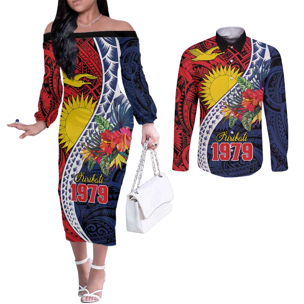 Flag of Kiribati Polynesian Pattern Couples Matching Off The Shoulder Long Sleeve Dress and Long Sleeve Button Shirt Est 1979 With Tropical Flowers LT9 Red - Polynesian Pride