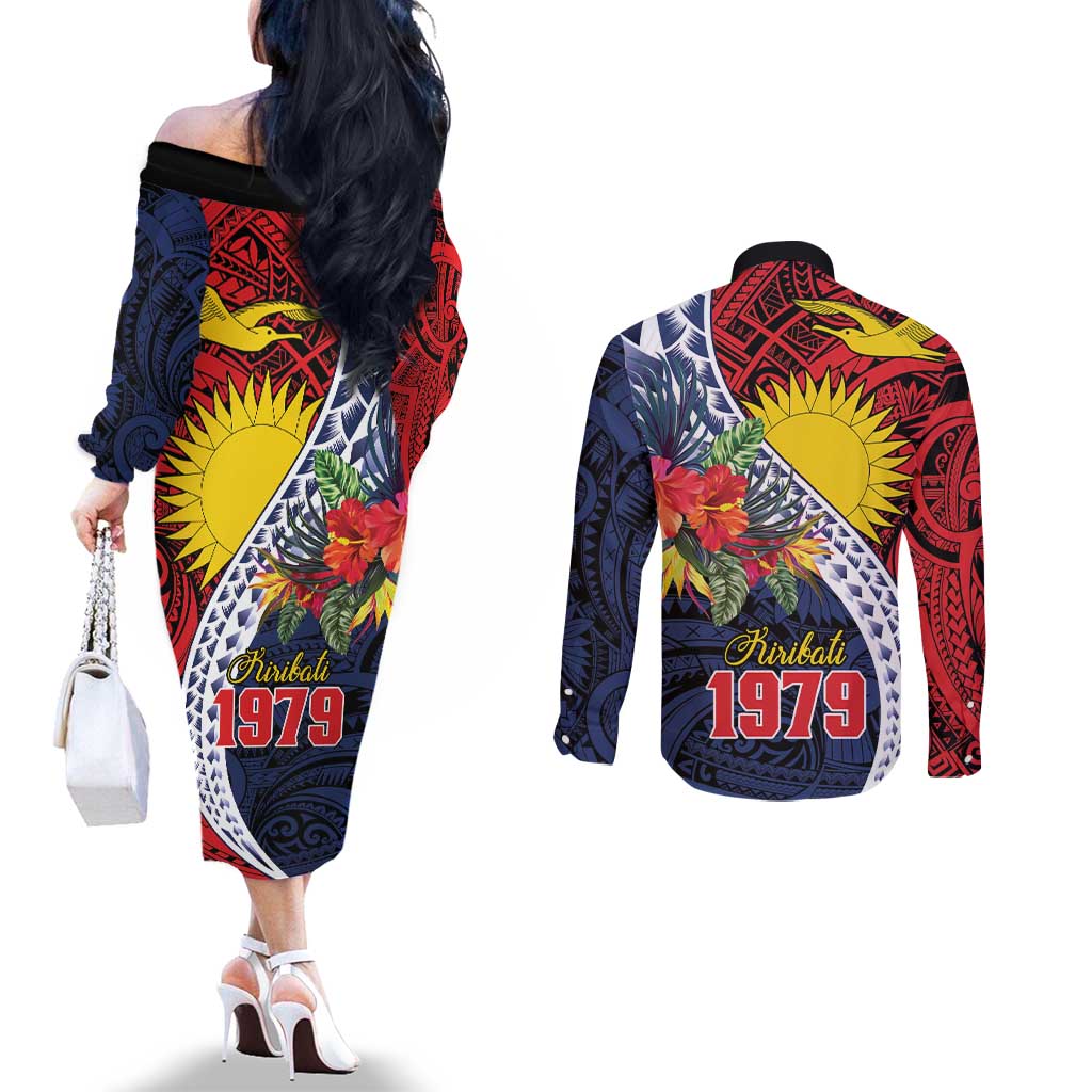 Flag of Kiribati Polynesian Pattern Couples Matching Off The Shoulder Long Sleeve Dress and Long Sleeve Button Shirt Est 1979 With Tropical Flowers LT9 - Polynesian Pride