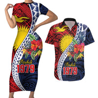 Flag of Kiribati Polynesian Pattern Couples Matching Short Sleeve Bodycon Dress and Hawaiian Shirt Est 1979 With Tropical Flowers LT9 Red - Polynesian Pride