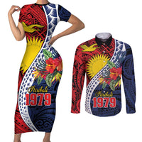 Flag of Kiribati Polynesian Pattern Couples Matching Short Sleeve Bodycon Dress and Long Sleeve Button Shirt Est 1979 With Tropical Flowers LT9 Red - Polynesian Pride