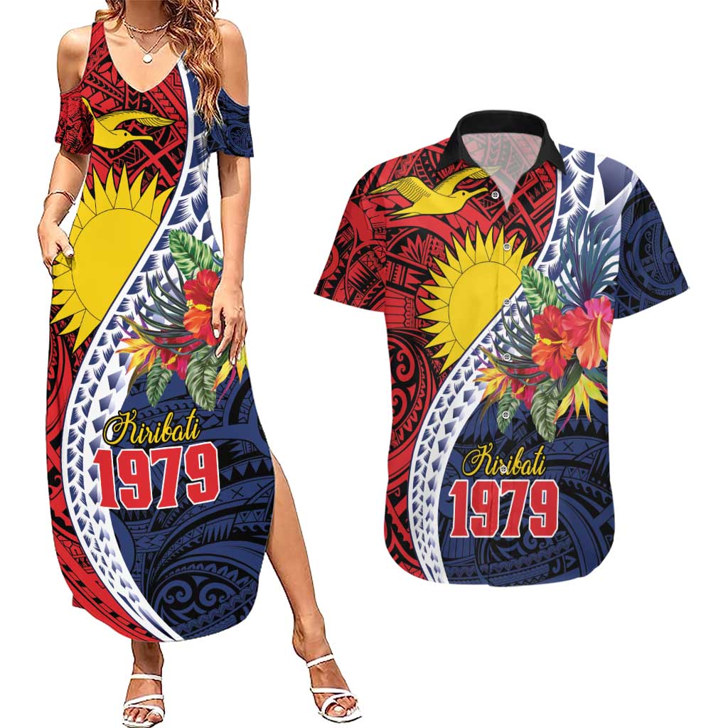 Flag of Kiribati Polynesian Pattern Couples Matching Summer Maxi Dress and Hawaiian Shirt Est 1979 With Tropical Flowers LT9 Red - Polynesian Pride