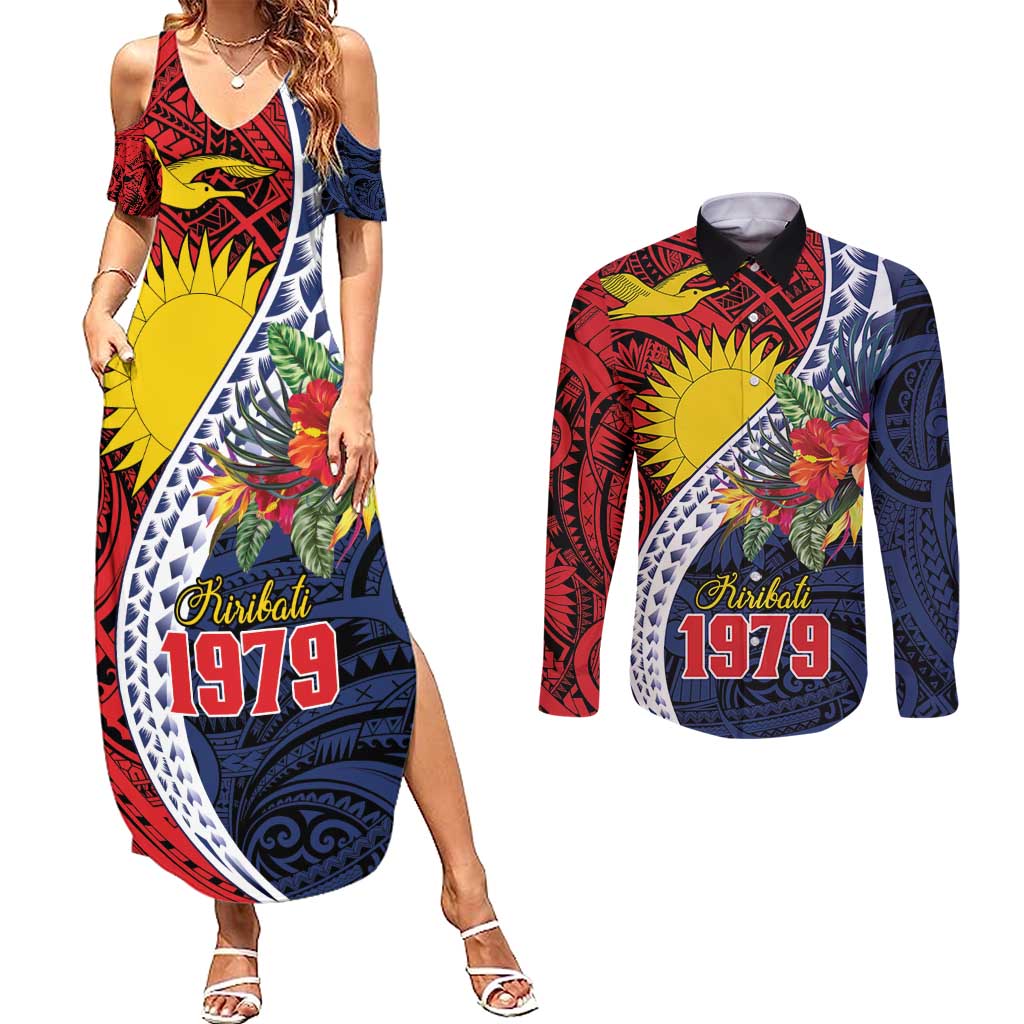 Flag of Kiribati Polynesian Pattern Couples Matching Summer Maxi Dress and Long Sleeve Button Shirt Est 1979 With Tropical Flowers LT9 Red - Polynesian Pride