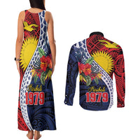 Flag of Kiribati Polynesian Pattern Couples Matching Tank Maxi Dress and Long Sleeve Button Shirt Est 1979 With Tropical Flowers LT9 - Polynesian Pride